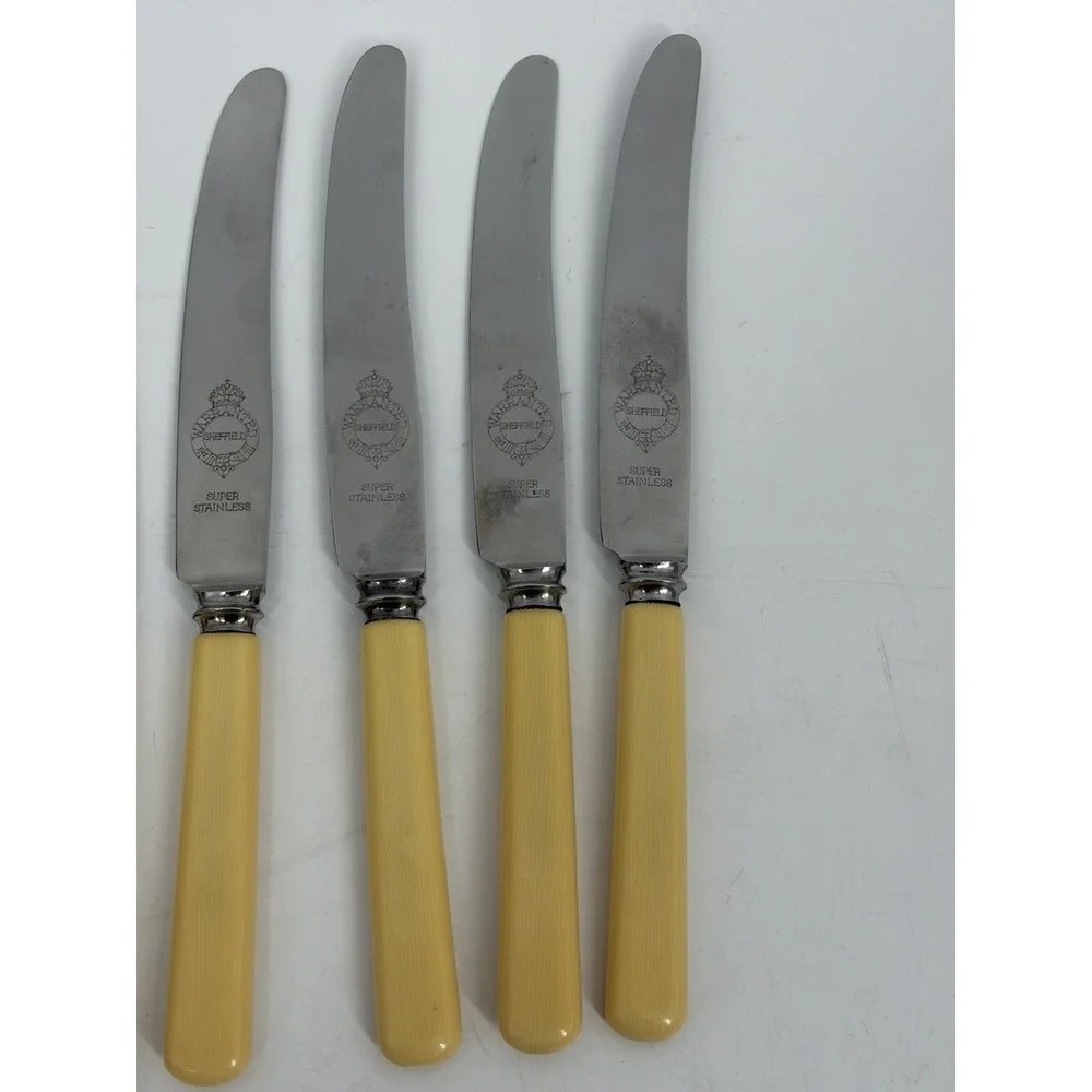 Vintage Sheffield Dinner Knives Set 6‎ Yellow Handle MCM Retro Flatware